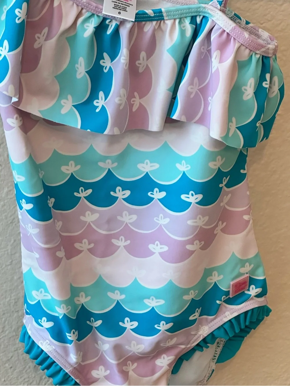 Girls One-Shoulder Ruffle Butts Swimsuit - Pastel Blue & Lilac Mermaid